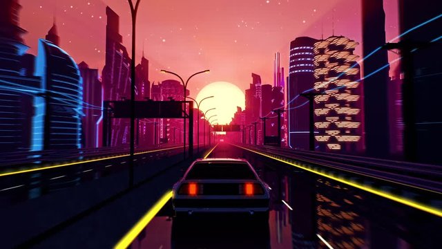 Wall Mural - Retro-futuristic 80s style drive in neon city. Seamless loop of cyberpunk sunset landscape with a moving car on a highway road. VJ synthwave looping 3D animation for music video. 4K stylized vintage