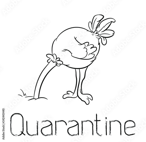 Fotografía Quarantine allegorical caricature, with ostrich sticking it's head in the sand
