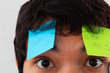 © Antonio Tanaka - Young Hispanic man with a beard and glasses overwhelmed by reminders taped to his face