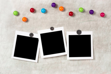 Blank polaroid photo frame with soft shadows and  magnet tape isolated on grey paper background as template for graphic designers presentations, portfolios etc. kids. magnetic board