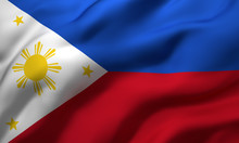 Flag Of Philippines Blowing In The Wind. Full Page Philippines Flying Flag. 3D Illustration.