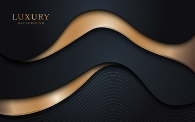 Abstract wavy layers pattern with luxury dark blue and gold background. Vector illustration.