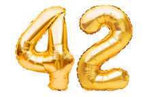 Number 42 Forty Two Made Of Golden Inflatable Balloons Isolated On White. Helium Balloons, Gold Foil Numbers. Party Decoration, Anniversary Sign For Holidays, Celebration, Birthday, Carnival