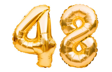 Number 48 forty eight made of golden inflatable balloons isolated on white. Helium balloons, gold foil numbers. Party decoration, anniversary sign for holidays, celebration, birthday, carnival