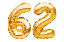 Number 62 Sixty Two Made Of Golden Inflatable Balloons Isolated On White. Helium Balloons, Gold Foil Numbers. Party Decoration, Anniversary Sign For Holidays, Celebration, Birthday, Carnival