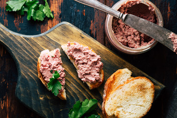 Wall Mural - Delicious homemade liver pate on a slice of wheat toast