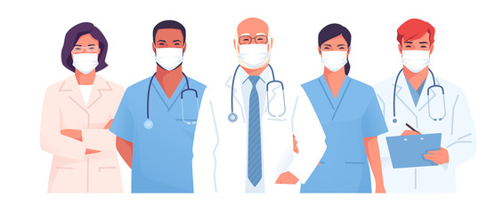 Wall Mural - Vector illustration of a medical team, group of physicians, doctors wearing face masks