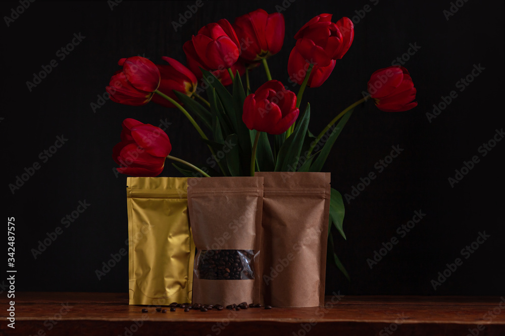 Download Pouch Bags For Coffee And Tea With Amazing Blooming Red Tulips Bouquet On Black Background Food Shop Packaging Mockup Foiled Metal And Kraft Paper Packs Dark Moody Low Key Flowers Banner Copy