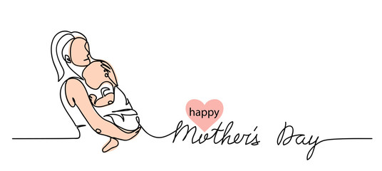 Wall Mural - Happy Mothers Day simple vector web banner, background,poster,card. Woman with baby on her hands. Mothers Day lettering. One continuous line drawing.
