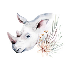 Wall Mural - Africa watercolor savanna rhino animal. African Safari cute animals portrait character.Perfect for wallpaper print, packaging ,invitations, wedding design