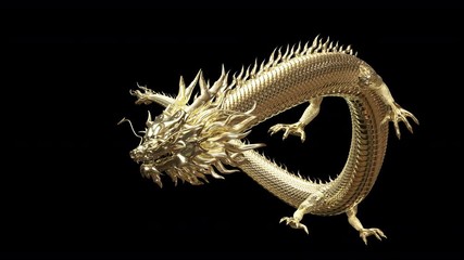 3d animation gold chinese dragon move pass camera with 3d rendering animation include alpha path.