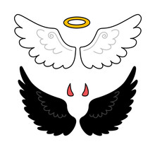 Black And White Wings. Nimbus And Horns. Angel And Demon. Vector Isolated Illustration.