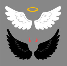 Cartoon Angel And Devil Wings, Horns And Halo, Isolated On White Background. Good And Bad. Vector Flat Illustration.