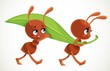 © Azuzl - Two cute cartoon ants carry big green juicy blade of grass isolated on a white background