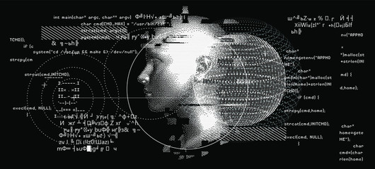 Aufkleber - Silhouette of a human head. Conceptual image of AI (artificial intelligence), VR (virtual reality), Deep Learning  and Face recognition systems. Cyberpunk style vector illustration.