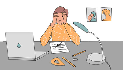 Boy at home in stress doing hard homework or prepare for exam upset about mistakes. schoolboy sitting at desk holding head. Vector illustration flat design