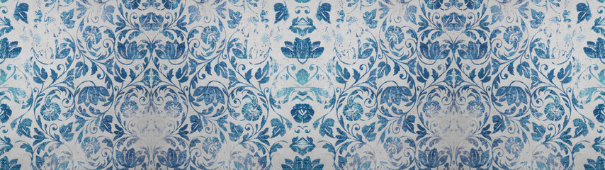 Aufkleber - Old blue white gray worn vintage shabby damask patchwork tiles stone concrete cement wall texture background banner 