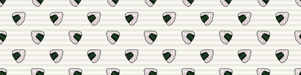 Kawaii rice ball bento box meal seamless vector border. Hand drawn oriental seaweed roll onigiri. cute Japanese snack all over print. Asian recipe on stripe background. 