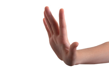 Close-up of a woman's hand and finger on white background