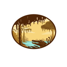 Retro Wpa Style Illustration Of A Typical Bayou, Swamp Or Wetland Found In The State Of Louisiana And Across The American Southeast With Alligator Or Gator Set Inside Oval On Isolated Background.