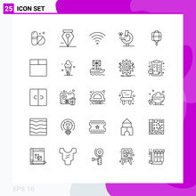 Modern Set Of 25 Lines Pictograph Of Wireframe, Decoration, Wifi, Chinese, Lantern