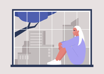 Young female character sitting at the window,  big city panorama, millennial lifestyle