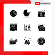 Pictogram Set Of 9 Simple Solid Glyphs Of Store, Online, Calendar, Basket, World