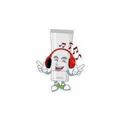 Wall Mural - Cartoon mascot design white plastic tube enjoying music with headset