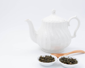 Wall Mural - cup with tea and teapot on white background, over light
