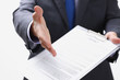 © H_Ko - Man in suit and tie give hand as hello in office closeup. Friend welcome mediation offer positive introduction thanks gesture summit participate approval motivation male arm strike bargain