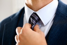 Male Arm In Blue Suit Set Tie Closeup. White Collar Management Job Serious Move Secretary Student Luxury Formal Interview Executive Agent Marriage Store Corporate Elegance Employment Preparation