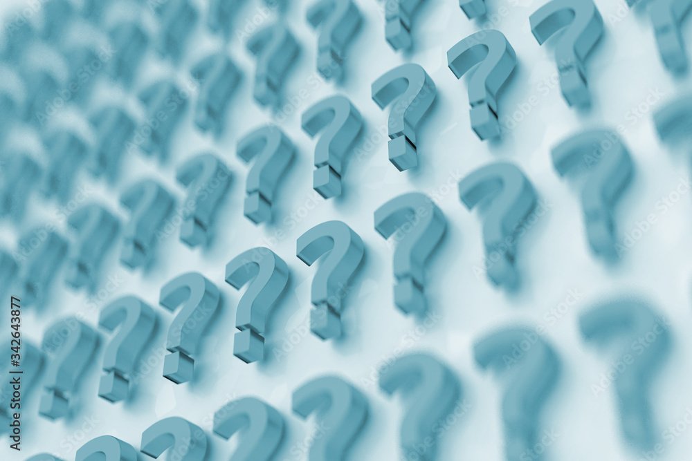 Blue question marks on a background of white signs. 3D Rendering Stock ...