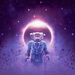 adventure in deep space / 3d illustration of science fiction scene of heroic astronaut lit by solar 
