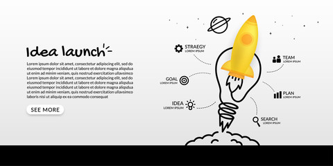 rocket launching to space with light bulb infographic, business starp up concept