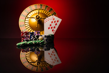 Casino set with Roulette, cards, dice and chips