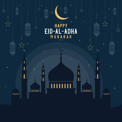 Wall Mural - Abstract religious Happy Eid Al Adha Mubarak Islamic vector illustration with mosques, lights, moon, and stars. Mosque silhouette in the night sky and abstract light.