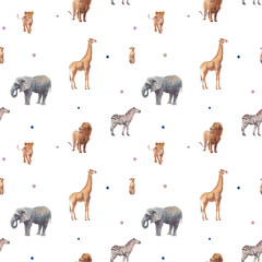 Kids animals pattern. Hand drawn seamless ornament with animals and polka dot on white background. African fauna: lion, zebra, meerkat, elephant, giraffe