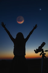 Wall Mural - silhouette of a woman and telescope with twilight sky.