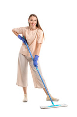 Poster - Young woman with mop on white background