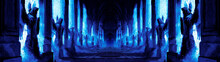 A Dark Night Corridor Assembled With Many Statues Of Angels Along The Wall, Everything Is Lit By Blue Moonlight, At The End Of The Corridor Is A Massive Door. 2d Illustration
