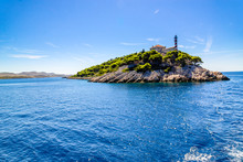 Croatian Island With Lighthouse On Vela Sestrica Near Kornati, Adriatic Sea, Croatia, Panoramic View. Vacation Travel Concept.