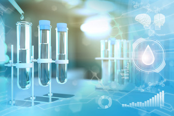 lab test-tubes in modern chemistry research clinic - drink water quality test for bacteria design background, medical 3D illustration