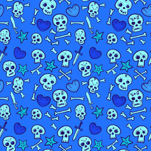 Pattern With Skulls And Hearts, Bones And Daggers, Vector Seamless Background In Blue Tones