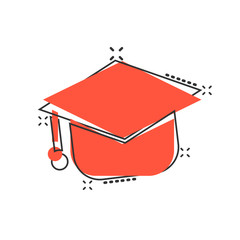 Graduation hat icon in comic style. Student cap cartoon vector illustration on white isolated background. University splash effect business concept.