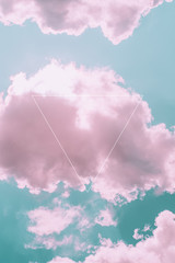 Wall Mural - Aesthetic art collage with beautiful turquoise sky with pink clouds and triangle light frame. Minimal