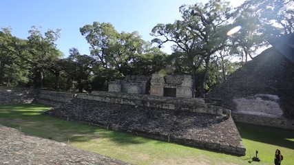 Wall Mural - A young tourist walking through the hair set of the temples of Copan Ruinas. Honduras