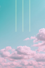 Aesthetic art collage with beautiful turquoise sky with pink clouds and lines of light. Concept of angel paradise