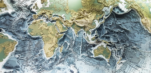 3d printed model of earth relief with topographic heights of mountains and depth of oceans.