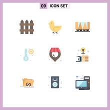 Flat Color Pack Of 9 Universal Symbols Of Bulb, Shop, Railroad, Location, Temperature