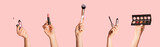 Collection of different makeup products in female hands, collage on pink background